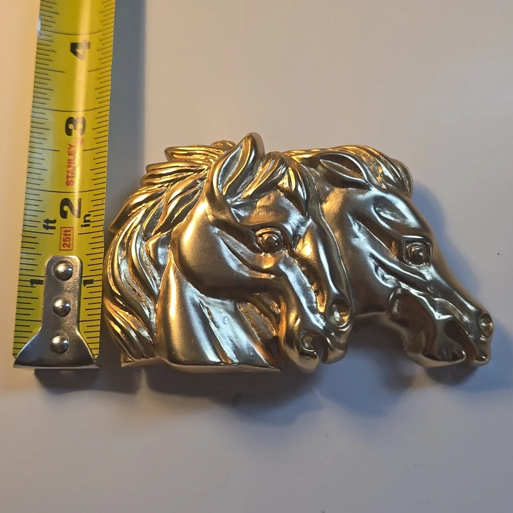 Vtg Doreen Ryan Belt Buckle Gold Double Horses Stallion Heads Equestrian Western